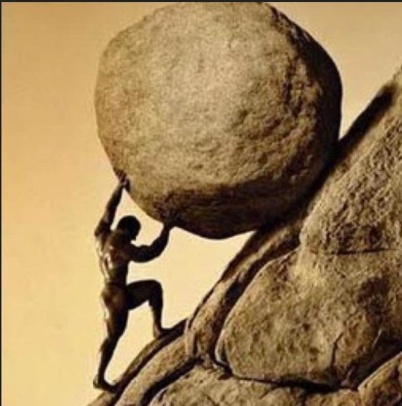 Illustration of Sisyphus pushing a boulder uphill, a metaphor for perseverance